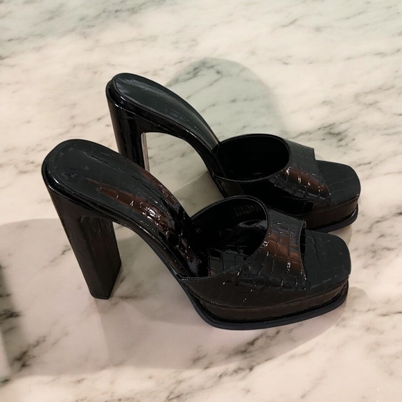 Black platform croc animal print high heel open peep toe mule sandals - Picture 8 of 9